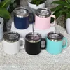 14 oz poignée tasses de bureau revêtement en poudre bleu rose blanc vert noir 400 ml poignée bouteilles d'eau en acier inoxydable boire des tasses à café maison gobelets verre à vin A12