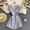 Letnia Vestidos de Mujer Robe Ruffles Butterfly Rękaw Kwiatowy Dress Slim Vintage Suknie Dla Kobiet 210519