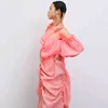 [EAM] Women Pleated Stitch Asymmetrical Big Size Dress V-Neck Half Sleeve Loose Fit Fashion Spring Summer 1T917 210512