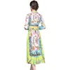 Spring Autumn Runway Conch Shell Floral Print Midi Women's Long Sleeve Vintage Elegant Party Pleated Dress Vestidos 210416