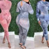 Spring Women's Sexy Sports Pink Tie Dye Hole Flaco 2 PCS Conjuntos O-cuello Manga larga Body Tops + Cintura alta Pantalones completos Leggings 210517