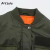 Artsnie Höst Bomber Jacka Kvinnor Armé Grön Varm Zipper Fickor Vinterrock Kvinna Parkas Femme Chaqueta Mujer 211014