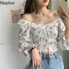 Neploe Clothes for Women Tops Slash Neck Floral Print Blouse Slim Fit Sexy Shirts Drawstring Crop Top Korean Cute Blouses 210422