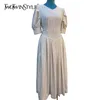 Vintage Print Dot Dress For Women V Neck Short Sleeve High Waist Ruched Elegant Dresses Female Fashion Clothes 210520