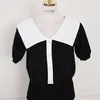 夏の韓国のエレガントニットトップスTシャツ女性半袖ターンダウンカラーカラーブロックシングルブレストファッション210513