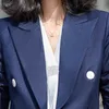 Costume d'affaires haut de gamme Tempérament de printemps Forma Slim Blazer et pantalon Bureau Dames Mode Vêtements de travail Bleu marine 210604