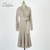 Automne hiver femmes tricoté plissé manches ceinturées Vintage dames longue robe pull 210415