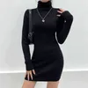 Autumn Knitted Bodycon Mini Dress High Collar Long Sleeve Slim Sweater Dresses For Women Autumn Winter Ladies Warm Pullovers G1214