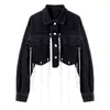 TWOTWINSTYLE Black Patchwork Chain Tassel Jacket For Women Lapel Long Sleeve High Street Casual Jackets Female Autumn 210517