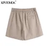 KPYTOMOA Frauen Chic Mode Seitentaschen Bermuda Shorts Vintage Hohe Elastische Taille Reißverschluss Weibliche Kurze Hosen Mujer 210724