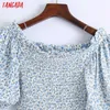 Tangada Women Retro Blue Floral Print Crop Shirt Puff Short Sleeve Summer Chic Female Sexy Slim Shirt Tops 6Z127 210609