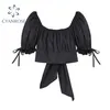 Summer Sweet Back Big Bow Bandage Black Blouses Women Stylish Elegant Lace Up Shirt Ladies Streetwear Design Blusas 210515