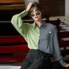 Contrast Women Plaid Color Big Size Blouse Lapel Long Sleeve Loose Fit Shirt Fashion Tide Spring Autumn 2022 1DD1006 Women's Blouses &