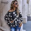 Girocollo Orlo arricciato Top e camicette da donna Camicetta allentata con maniche svasate a maniche lunghe con stampa floreale per vacanze casual 210510