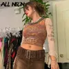 ALLNeon Indie Aesthetics Retro Pattren Mesh T-shirts 90s Fashion Slim O-cou Flare Sleeve Cropped Y2K Tops E-girl Vintage Tees Y0508