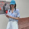 ノッチ付きシャツ女性夏ビンテージ油絵プリントルーズブラウス韓国のファッション半袖シングルブレストトップ210519