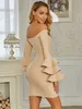 Women Sexy Designer Long Sleeve Nude Bandage Dress Elegant Celebrity Chic Evening Party Vestido 210527