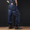 Pantaloni jeans larghi casual da uomo multitasche abbigliamento da lavoro pantaloni cargo in denim da motociclista tattico per uomo