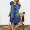 40 # Vintage denimjurk Bloemenprint Rechte jurk Casual V-hals Korte mouw Knielengte Jurk Plus Size Dameskleding voor dames