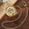 Pocket horloges gouden mechanisch horloge holle steampunk trein gegraveerde hand wikkelende skelet fob ketting ketting hanger Clock9119019