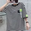 Harajuku Kobiety T-shirt Mid-Długość Stripe Kobiet Topy Letnie Koszulki z krótkim rękawem Plus Size Kobiety Sexy Topy 210507