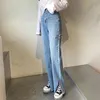 Wysokie spodnie talii Slim Split Pantalettes Mop Spodnie Baggy Jean Kobiety Vintage Koreański Styl Zgrywanie Dżinsów prostych za 10393 210508