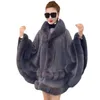 Dupla camada Luxo Rex Coelho Cape Cape Casaco com Capuz Shawl Inverno Mulheres Malha Cashmere Poncho Overcoat Faux Fur Wraps Plus Size 211122