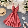 Summer Spaghetti Strap Dress Female Sexy V Neck Backless High Waist Ladys Red Yellow White Ball Gown 210430