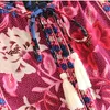 Yaz kadın yaka kravat püskül düğmesi çiçek baskı tatil kısa gömlek vintage etnik kısa kollu tunik kadın top 210507