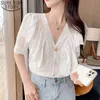 Sommer Mode Weiße Bluse Baumwolle Button Up Frauen Tops Süße Spitze Shirt Kurzarm Rüschen Kleidung 14197 210417