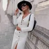 Free Autumn Women Woven Woolen Long Blazer Dress Sexy V-neck Sleeve Single Breasted Bodycon Vestido 210524