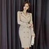 ダブルブレストノッチカラー鉛筆ドレス女性春フルスリーブ韓国のエレガントなファッション女性ドレスvestidos femme 210513