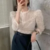 Casual Hook Flower Blouses Coreano Chic Vintage Camicetta Donne in pizzo Hollow Tops Stand Collar Sottile Albicocca Abrico Pulvello Sleeve Shirts 12624 210508