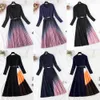Autumn Winter Elegant Knitted Patchwork Gradient Pink Pleated Dress Women Long Sleeve Office One-Piece Sweater Dress With Belt X0629