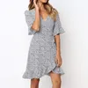 Sommarklänning Kvinnor Polka Dot Boho Ruffle Short Sleeve Beach Sexig Deep V Neck Mini Party Es Sundress Vestidos 210515