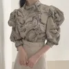 Office Lady Stand Collar Puff Sleeve Shirts for Women Fashion Printing Blouse Korea Chiffon Female Clothing 12897 210508