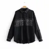 Vrouwen Zwart Hoge Kwaliteit Losse Denim Jacket Lovertjes Tassels Streetwear Jas Vintage Single-Breasted Jean Jassen 210428