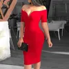 2019 Femme Sexy Col V Profond Hors Épaule Robe Moulante Femmes Manches Courtes Solide Gaine Robe Midi Y0603