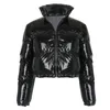 Women Winter Long Sleeve Zipper Puffer Down Jacket Stand Collar Shiny Metallic Faux Leather Cropped Puffy Bubble Coat Quilt