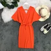 Gaganight Solid Women Elegant Dress Batwing Short Sleeve V Neck Sash Mini Party Dresses Knitted Bodycon Elastic Chic Dress 210519