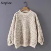 Höst Leopard Print Femme Pullover Lantern Sleeve Stickad Tröja Kvinnor O-Neck Casual Loose Fashion Top 1f605 210422