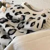 Lzequella Moda Retro Kobiety Kostiumy Knited Leopard Z Długim Rękawem O-Neck Sweter Lace Up Waist Pocket Pants2 Sztuk Zestaw Streetwear Y0625