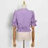Vit Patchwork Ruffle skjorta för kvinnor V Neck Kortärmad Elegant Blus Kvinnlig Spring Kläder Mode 210524