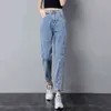 Jeans dritti in cotone Donna Elasticità Vita alta donna taglie forti mom jeans blu Pantaloni harem larghi vendita 211129