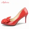 Aphixta Bling Kristalle Schleife Blumen Spitzschuh Rot High Heels Damen Lackleder Schmetterlingsknoten Pumps Große Größe 45 46 47 48 K731