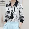 Camicetta a maniche lunghe da donna con stampa a fiori d'inchiostro vintage in bianco e nero Camicetta a maniche lunghe da donna Blusas Mujer De Moda 11460 210508