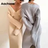 Aachoae Chic mujeres de punto sólido conjunto de 2 piezas con cuello en V manga de murciélago Crop Top conjuntos de cintura alta espalda dividida falda larga trajes 210413