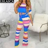 Two Piece Set Fashion Striped Printing Peice for Women Casual Drawstring Elastic Waist Pullover Tute Sportive Donna 210520