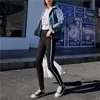 여자 레깅스 2022 여자 스프링 가을 캐주얼 검은 줄무늬 하이 허리 발목 길이 legging 슬림 패션 레이디 바지
