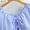 Kvinnor Sexig Lace Up Plaid Print Short Blouse Kvinna Lantern Sleeve Slim Shirt Chic High Waist Blusas Tops LS7635 210420